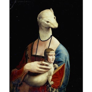 Ermine with Lady, Collage art print, Leonardo da Vinci The Lady with an Ermine painting, Altered art, Parody, Anthropomorphic animals