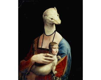 Hermine avec dame, impression d'art collage, tableau de Léonard de Vinci La dame à l'hermine, art altéré, parodie, animaux anthropomorphes