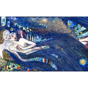 Woman and Mermaid art print, Art nouveau mermaids painting, Two women wall art, Lesbian couple, Sea nymphs, Sirens, Bathroom art, Ocean