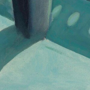 Puede incluir: Pintura abstracta con una combinaci&oacute;n de colores azul y verde azulado. La pintura presenta una l&iacute;nea vertical azul oscuro y un fondo verde azulado con tres c&iacute;rculos blancos.