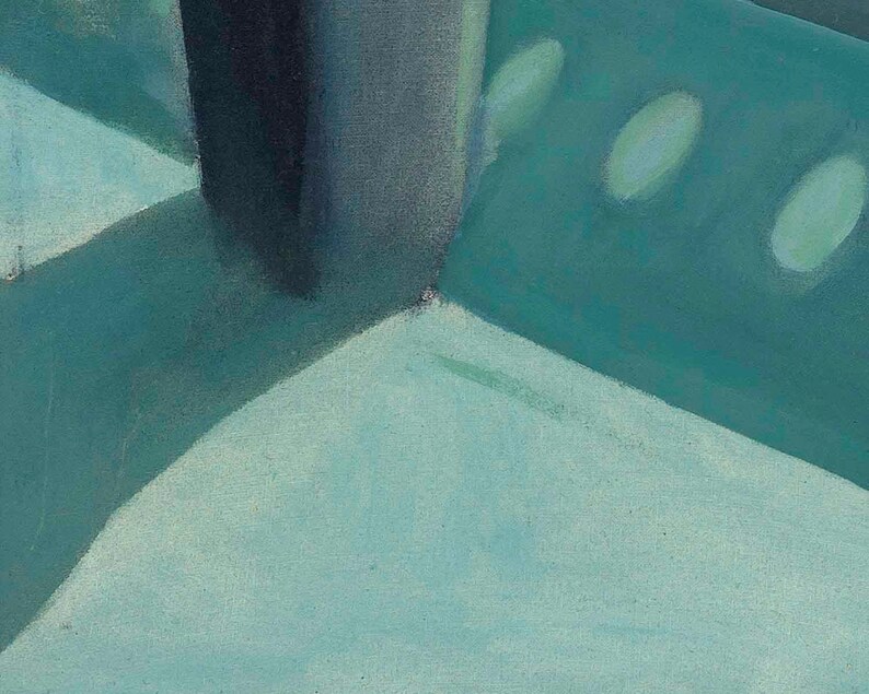 Puede incluir: Pintura abstracta con una combinaci&oacute;n de colores azul y verde azulado. La pintura presenta una l&iacute;nea vertical azul oscuro y un fondo verde azulado con tres c&iacute;rculos blancos.