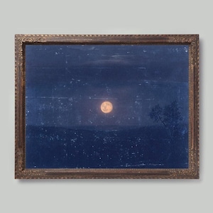 Vintage moon painting, Moonlight art print, Antique celestial wall art, Night sky, Blue, Old moon art, Frederic Edwin Church, 19th century image 1