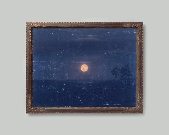 Vintage moon painting, Moonlight art print, Antique celestial wall art, Night sky, Blue, Old moon art, Frederic Edwin Church, 19th century