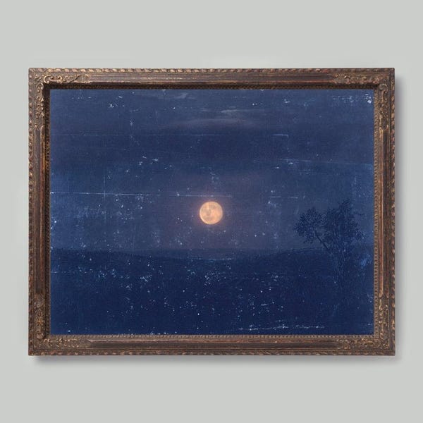 Vintage moon painting, Moonlight art print, Antique celestial wall art, Night sky, Blue, Old moon art, Frederic Edwin Church, 19th century