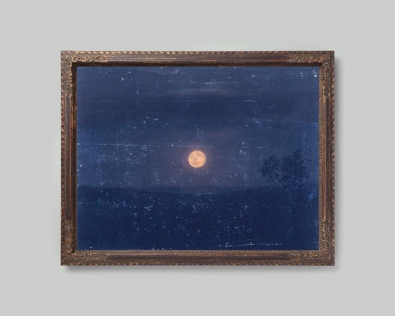 Vintage moon painting, Moonlight art print, Antique celestial wall art, Night sky, Blue, Old moon art, Frederic Edwin Church, 19th century image 1