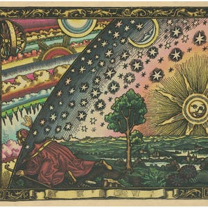 May include: A vintage print with a celestial theme, showing a man in a red robe, a sun with a face, stars, and a tree. The artwork has a detailed border and a layered depiction of the sky and earth.