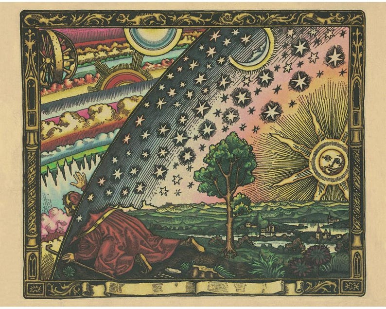 May include: A vintage print with a celestial theme, showing a man in a red robe, a sun with a face, stars, and a tree. The artwork has a detailed border and a layered depiction of the sky and earth.