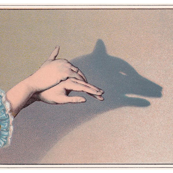Vintage wolf art print, Victorian hand shadow puppets, Antique animal wall art, 19th century hands, Woman, Chiaroscuro painting, Magical art