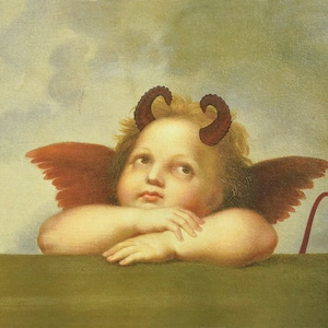 Little Devil art print, Raphael's cherubs painting, Sistine Madonna putti, Collage, Altered art, Strange wall art, Demon, Imp, Angel