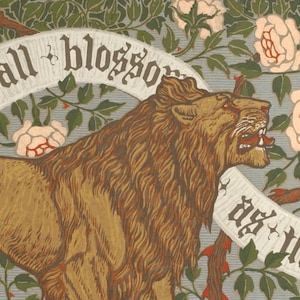 May include: A roaring lion with a white banner that reads "I shall blossom as the", set against a background of green leaves and pink roses.