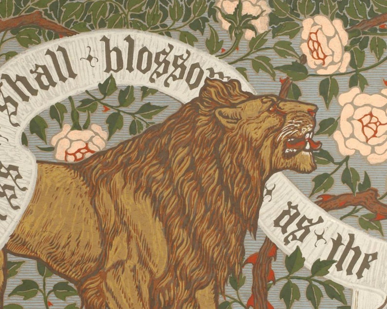 May include: A roaring lion with a white banner that reads "I shall blossom as the", set against a background of green leaves and pink roses.