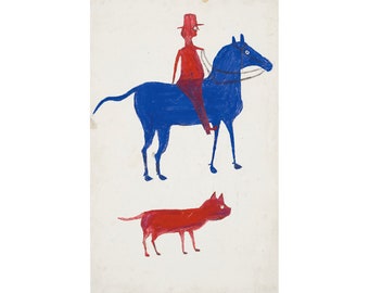 Bill Traylor painting, Modern art print, Red man on blue horse with red dog, Vintage primitive folk drawing, Americana, Animals and people