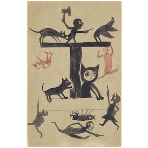 Bill Traylor reproduction, Folk art print, Figures, Construction, Cat, Dogs, Bird, Axe, Fighting, Outsider art, Vintage drawing, Art brut