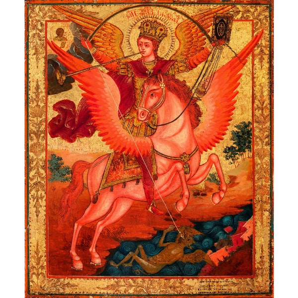 Saint Michael the horseman icon art print, Archangel Michael slaying the dragon painting, Antique Russian Orthodox icon, Winged Horse