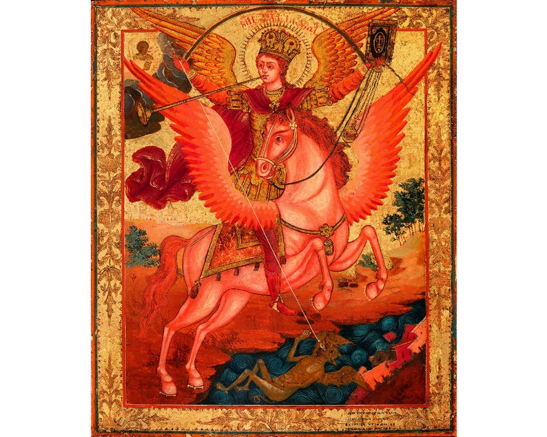 Saint Michael Rider Saint Michael the Horseman Icon Art Print, Archangel Michael Slaying ...