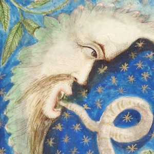 May include: A detailed illustration of a green and white face with a long beard, set against a blue background with gold stars. The face is partially obscured by a white snake.
