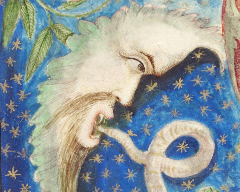 May include: A detailed illustration of a green and white face with a long beard, set against a blue background with gold stars. The face is partially obscured by a white snake.