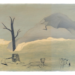 May include: An original painting depicting a lion, a feline, and a wolf in a landscape. The artwork features a leafless tree, a mountain, and a light blue and yellow color palette. The animals are rendered in black ink.