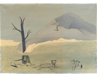 Horace Pippin Holy Mountain IV, Animal folk art painting, Mystical art, Primitive Americana, Outsider art, Esoteric art, Vintage animal art