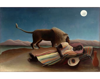 The Sleeping Gypsy, Henri Rousseau art print, Lion painting, Post-impressionism, Naive art, Primitive art, Desert wall art, Night, Full moon