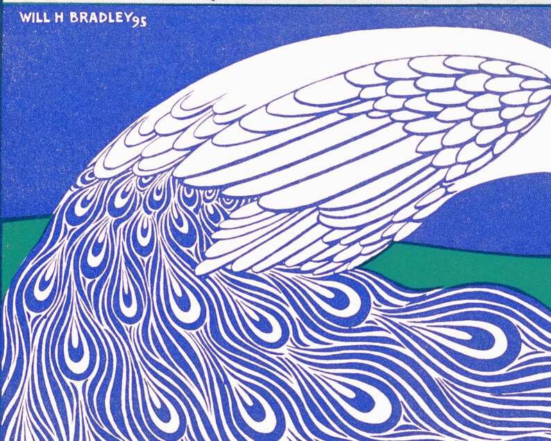 Puede incluir: Ilustraci&oacute;n estilizada de la cola y el ala de un pavo real en tonos azules, blancos y verdes. El dise&ntilde;o incluye patrones intrincados y el texto "WILL H BRADLEY 95". La obra de arte tiene una est&eacute;tica vintage, con colores vibrantes y l&iacute;neas fluidas.