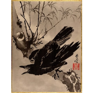 Crow wall art, Crow art print, Crow painting, Raven, Corvid, Asian animal art, Japanese wall art, Nature art, Bird art, Animal wall art