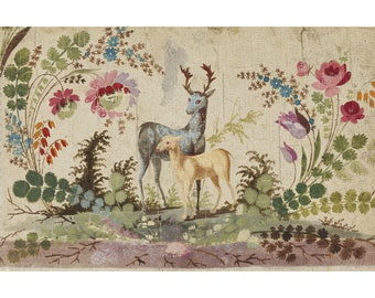 Vintage deer art print, Antique French chinoiserie wall art, Jean Baptiste Pillement design, Woodland wildlife painting, Enchanted forest