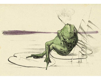 Vintage smoking frog art print, Antique Victorian, Theodorus van Hoytema, Funny animals, Anthropomorphic frog postcard, Kitsch frog painting