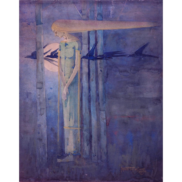 Woman and moon painting, "Ill Omen or Girl in the East Wind with Ravens Passing the Moon", Frances Macdonald MacNair art print, Art nouveau