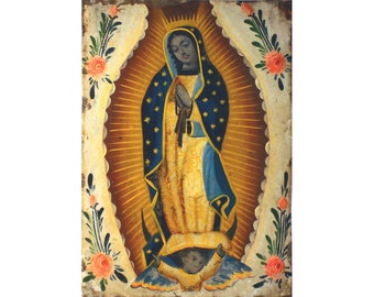 Our Lady of Guadalupe art print, Mexican folk art retablo, Antique Virgin Mary painting, Black Madonna, Vintage religious icon wall art