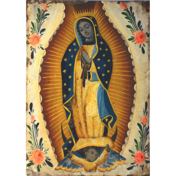 Our Lady of Guadalupe art print, Mexican folk art retablo, Antique Virgin Mary painting, Black Madonna, Vintage religious icon wall art