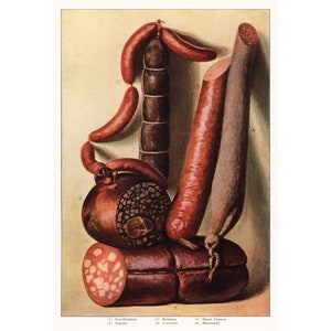 Sausage art print, Vintage food wall art, Antique kitchen decor, Gourmet sausages, Man cave art, Meat lover, Carnivore, Foodie art print