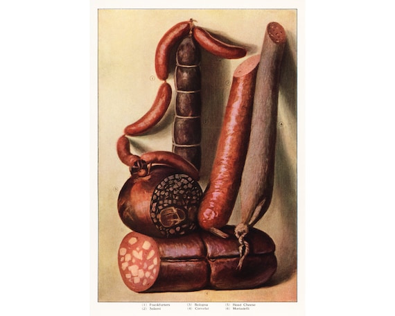 Sausage art print, Vintage food wall art, Antique kitchen decor, Gourmet sausages, Man cave art, Meat lover, Carnivore, Foodie art print
