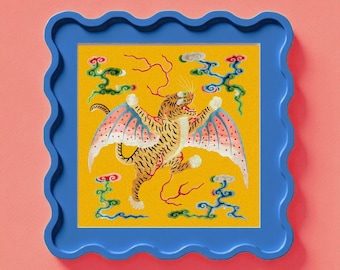 Chinese Flying Tiger art print, Asian animals wall art, Oriental animal design poster, Tigers painting, Fantastical, Mythological creature