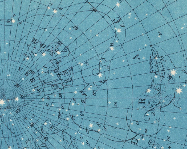 May include: A vintage star chart with a blue background and white stars. The chart is divided into sections with numbers and letters. The constellations Ursa Major and Draco are visible.