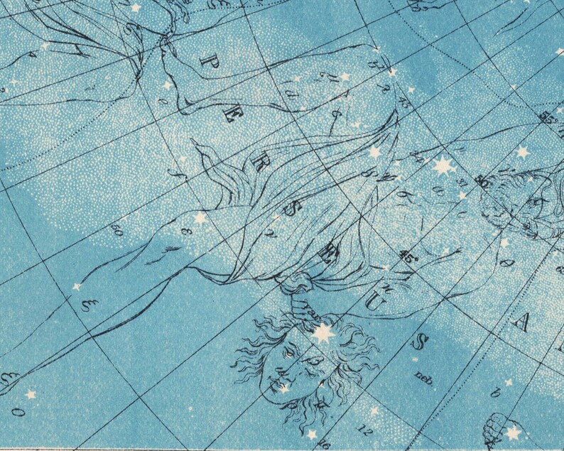 May include: A vintage celestial chart with a blue background and white stars. The chart depicts the constellation Andromeda, with a detailed illustration of the mythical figure Andromeda chained to a rock.
