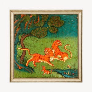 Colorful Tibetan tiger painting, Vintage tigers art print, Big cat wall art, Antique animal art, Asian animals, Exotic, Jungle decor image 2