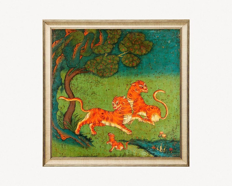 Colorful Tibetan tiger painting, Vintage tigers art print, Big cat wall art, Antique animal art, Asian animals, Exotic, Jungle decor image 2