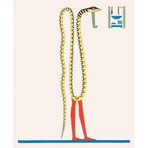 May include: A yellow and black snake with red legs standing on a blue surface. The snake is coiled around itself and has a long neck with a head that is facing to the right. The snake is a stylized representation of a deity from ancient Egyptian mythology.