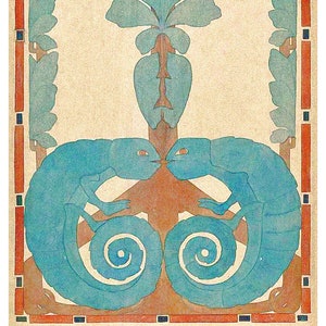May include: Two blue stylized chameleons facing each other with their tails curled into spirals. The chameleons are framed by a stylized tree and a border of red, orange, and black.