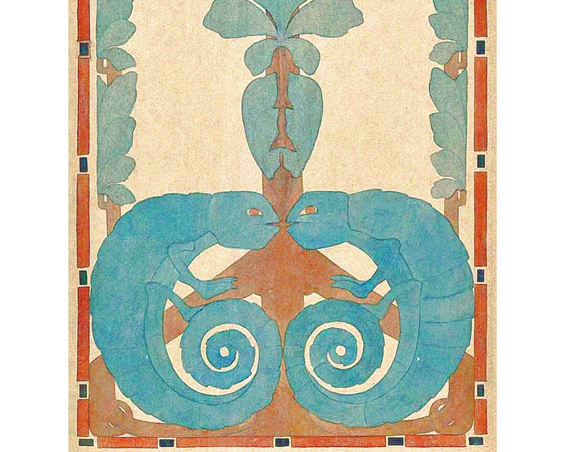 May include: Two blue stylized chameleons facing each other with their tails curled into spirals. The chameleons are framed by a stylized tree and a border of red, orange, and black.