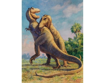Fighting T-Rex art print, Charles R. Knight, Tyrannosaurus Rex painting, T Rex poster, Dinosaurs wall art, Vintage Paleoart