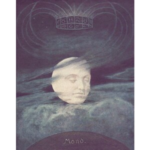 May include: A black and white illustration of a moon with a human face. The moon is surrounded by clouds and a crown with symbols.