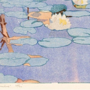 May include: A vintage illustration of a pond with water lilies and a single lily pad with a brown branch sticking out of it. The water is a light blue color and the lily pads are a darker blue. The background is a light purple color. The text '.Gloamine' 48/50 is in the bottom left corner of the image.
