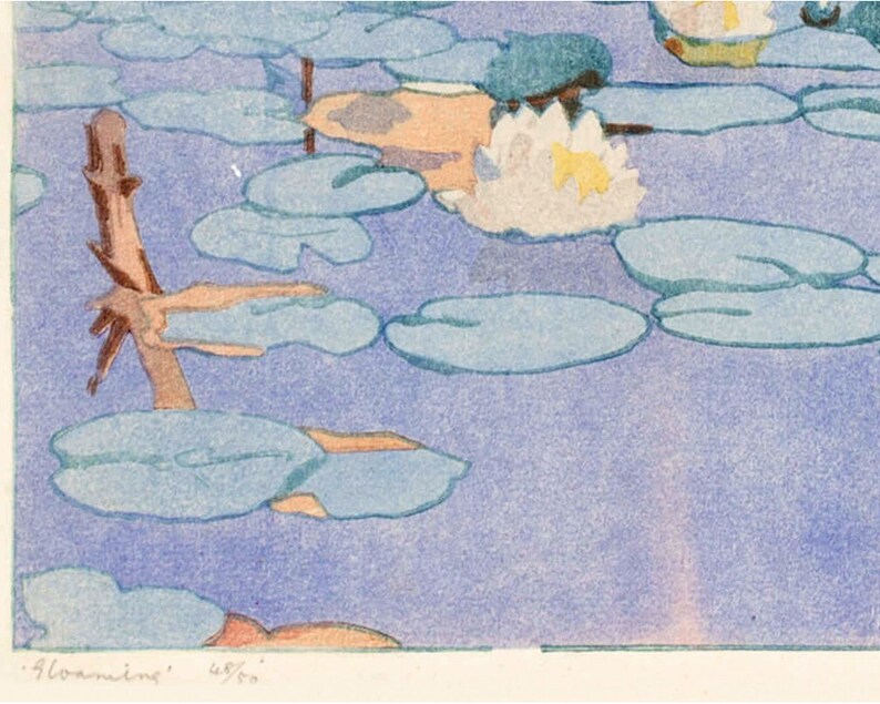 May include: A vintage illustration of a pond with water lilies and a single lily pad with a brown branch sticking out of it. The water is a light blue color and the lily pads are a darker blue. The background is a light purple color. The text '.Gloamine' 48/50 is in the bottom left corner of the image.