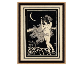 Art Nouveau Woman Reading art print, Crescent Moon and Stars, Long Wavy Hair, Antique black and white illustration, Dark Academia wall art