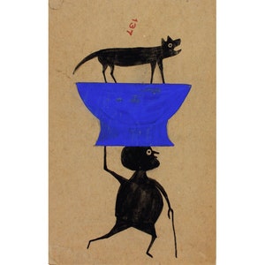 Bill Traylor fine art reproduction, Man carrying dog, Blue construction, Outsider art print, Naive painting, Vintage folk drawing