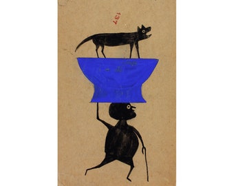 Bill Traylor fine art reproduction, Man carrying dog, Blue construction, Outsider art print, Naive painting, Vintage folk drawing