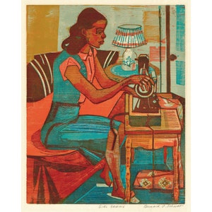 Black woman portrait art print, Girl Sewing, Bernard P. Schardt, Vintage African American woman painting, People of color wall art, 1930s