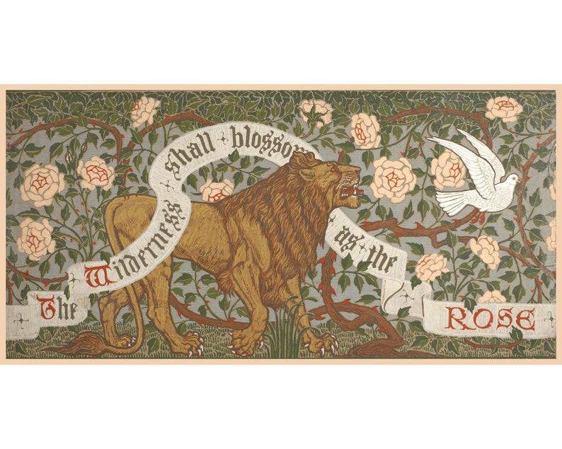 May include: A vintage illustration of a lion standing in a rose garden. The lion is roaring and a banner above it reads "The Wilderness Shall Blossom as the Rose".